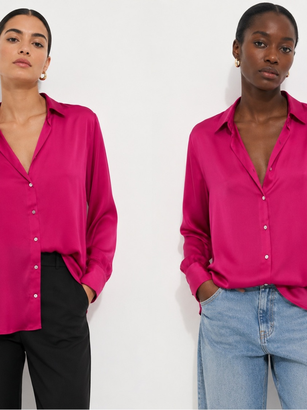 Zara Satin Button-Down Shirt in Fuchsia